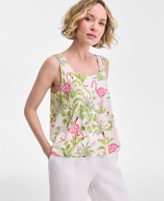 CHARTERCLUB トップス Charter Club Women's 100% Linen Floral-Embroidered 3/4-Sleeve Top
