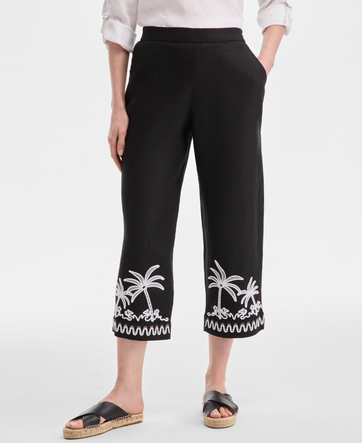CHARTER CLUB WOMEN'S EMBROIDERED 100% LINEN CROPPED PANTS, EXCLUSIVELY AT MACY'S 