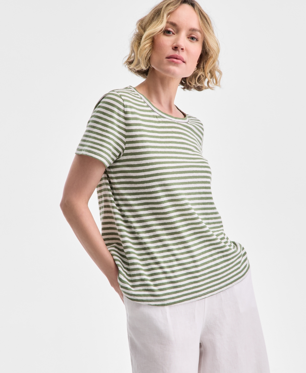 CHARTER CLUB WOMEN'S STRIPED CREWNECK SHORT-SLEEVE LINEN-BLEND TOP, EXCLUSIVELY AT MACY'S 