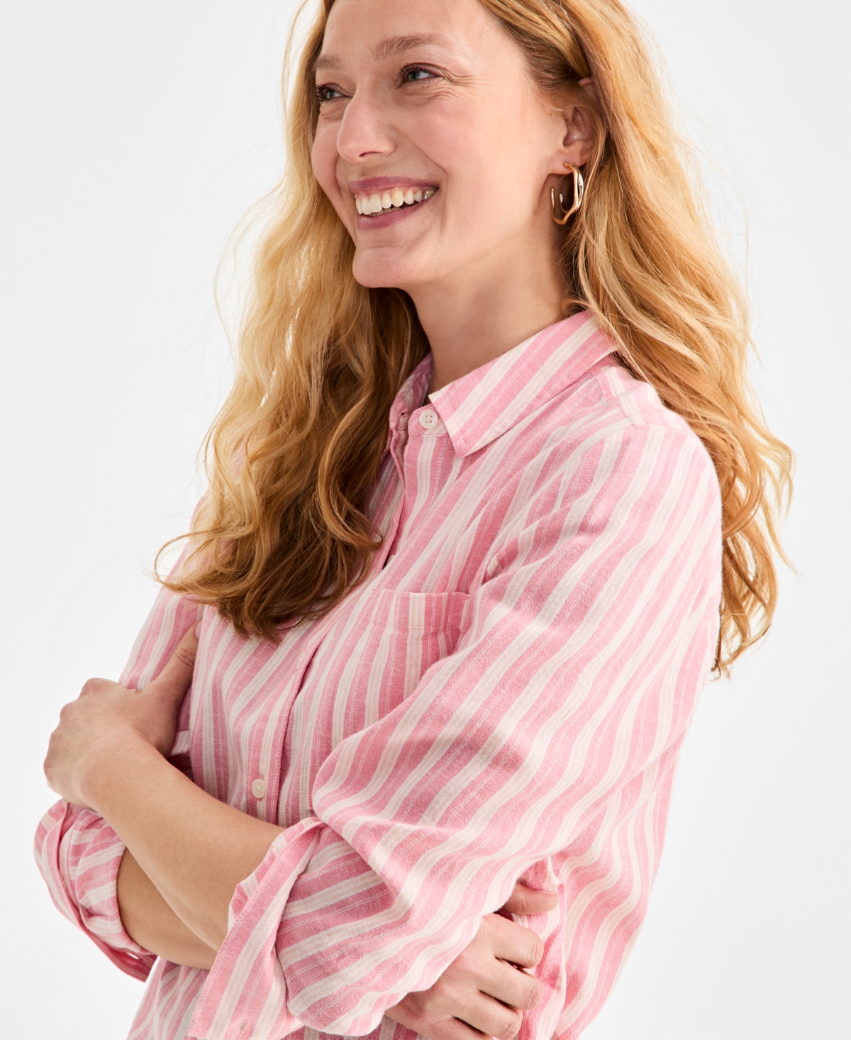 Shop Style & Co Women's Striped Long-sleeve Perfect Shirt, Exclusively At Macy's In Stripe Salmon