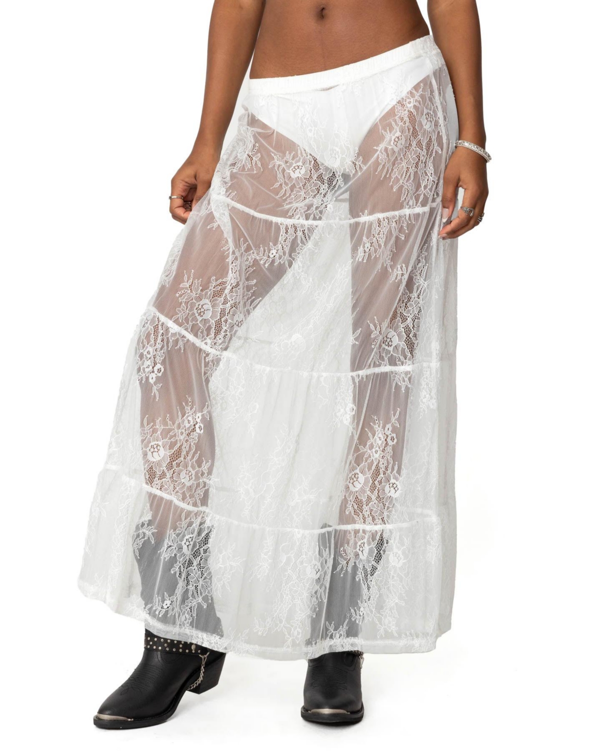 Womens Tiered Sheer Lace Maxi Skirt - White