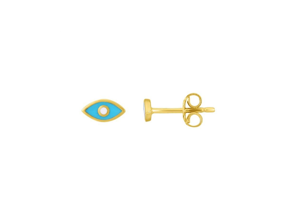 Blue Enamel Evil Eye Stud Earrings 14K Gold - Blue enamel