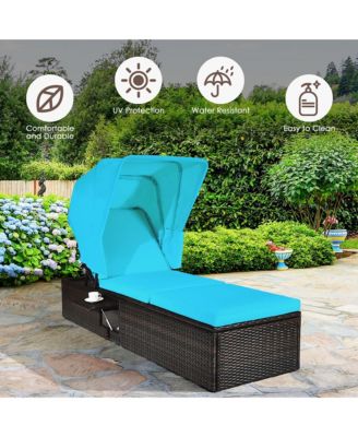 2PCS Patio Rattan Lounge Chair Chaise Cushioned Top Canopy Adjustable