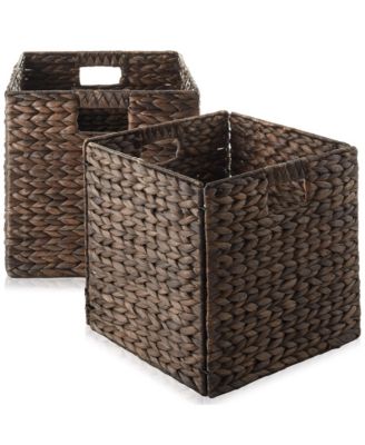 13" x 13" Water Hyacinth Storage Baskets, Espresso - Set of 2 Collapsible Cube Organizers, Woven Bins for Bathroom, Bedroom, Laundry, Pantry, Shelves