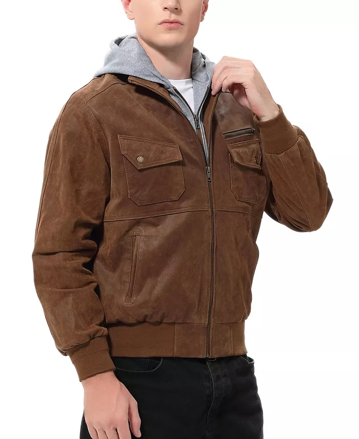 Men Civic Distressed Leather Bomber Jacket - thumbnail 2