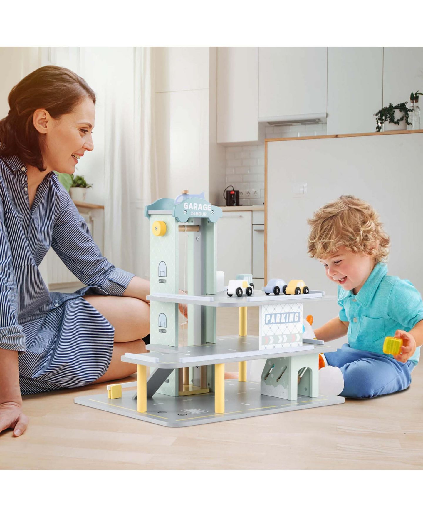 Детский игровой набор Costway 3-Tier Wooden Garage Playset with Working Elevator Helipad Ramp Car, цвет: Серый — фото 4