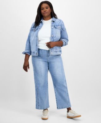 Trendy Plus Cutwork Button-Front Denim Jacket, Exclusively at Macy's
