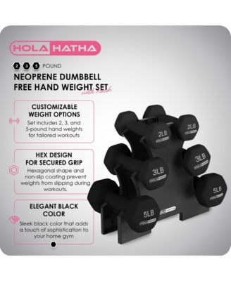 2, 3, and 5 Pound Neoprene Dumbbell Free Hand Weight Set w/Rack, Black