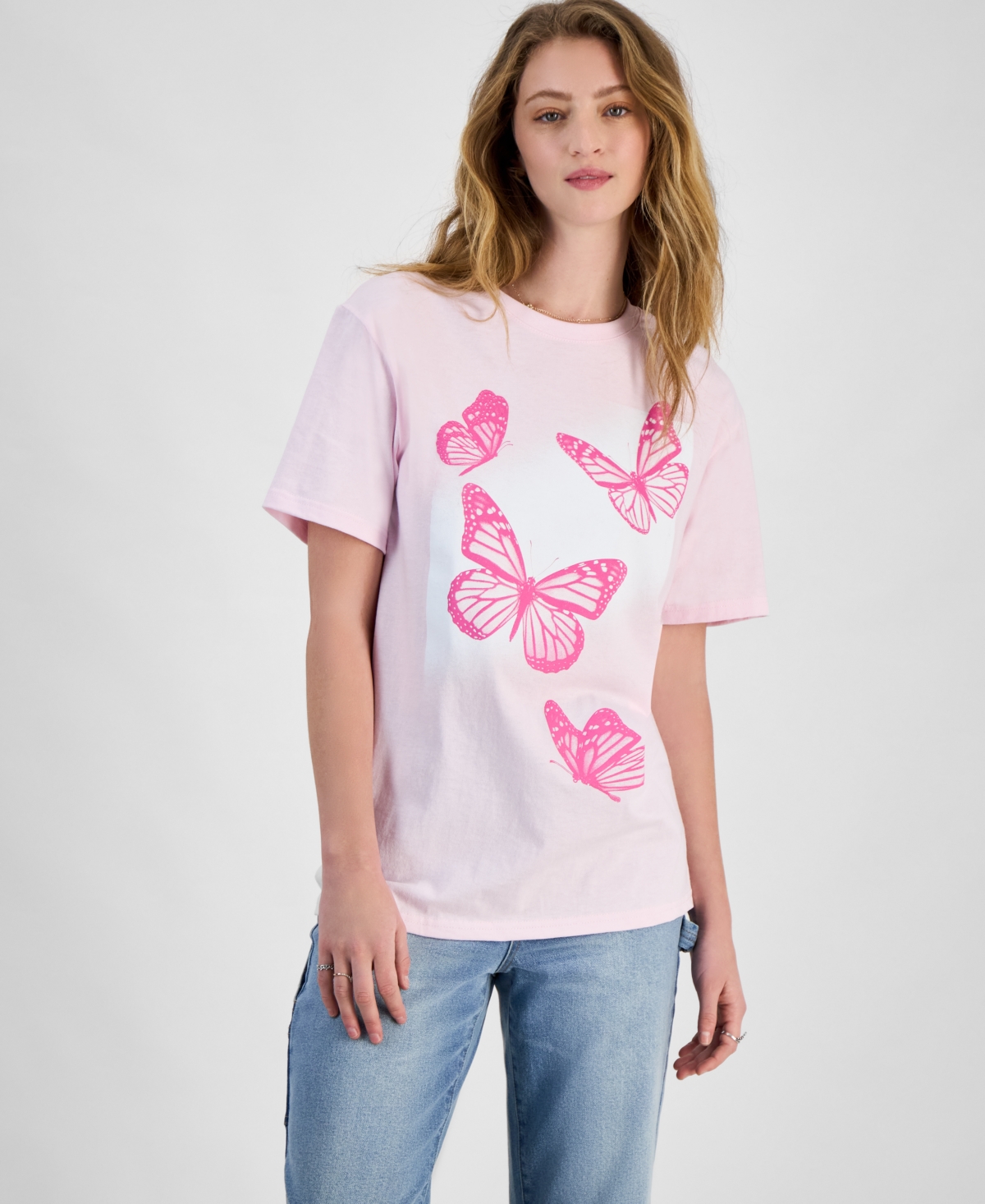 Juniors' Butterfly Graphic Cotton Boyfriend T-Shirt - Light Pink