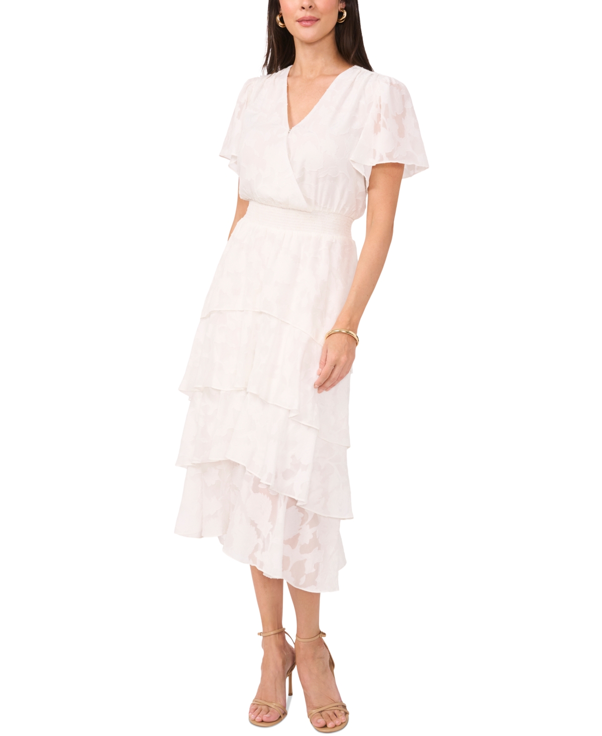 VINCE CAMUTO WOMEN'S JACQUARD SMOCKED WAIST TIERED MIDI DRESS 