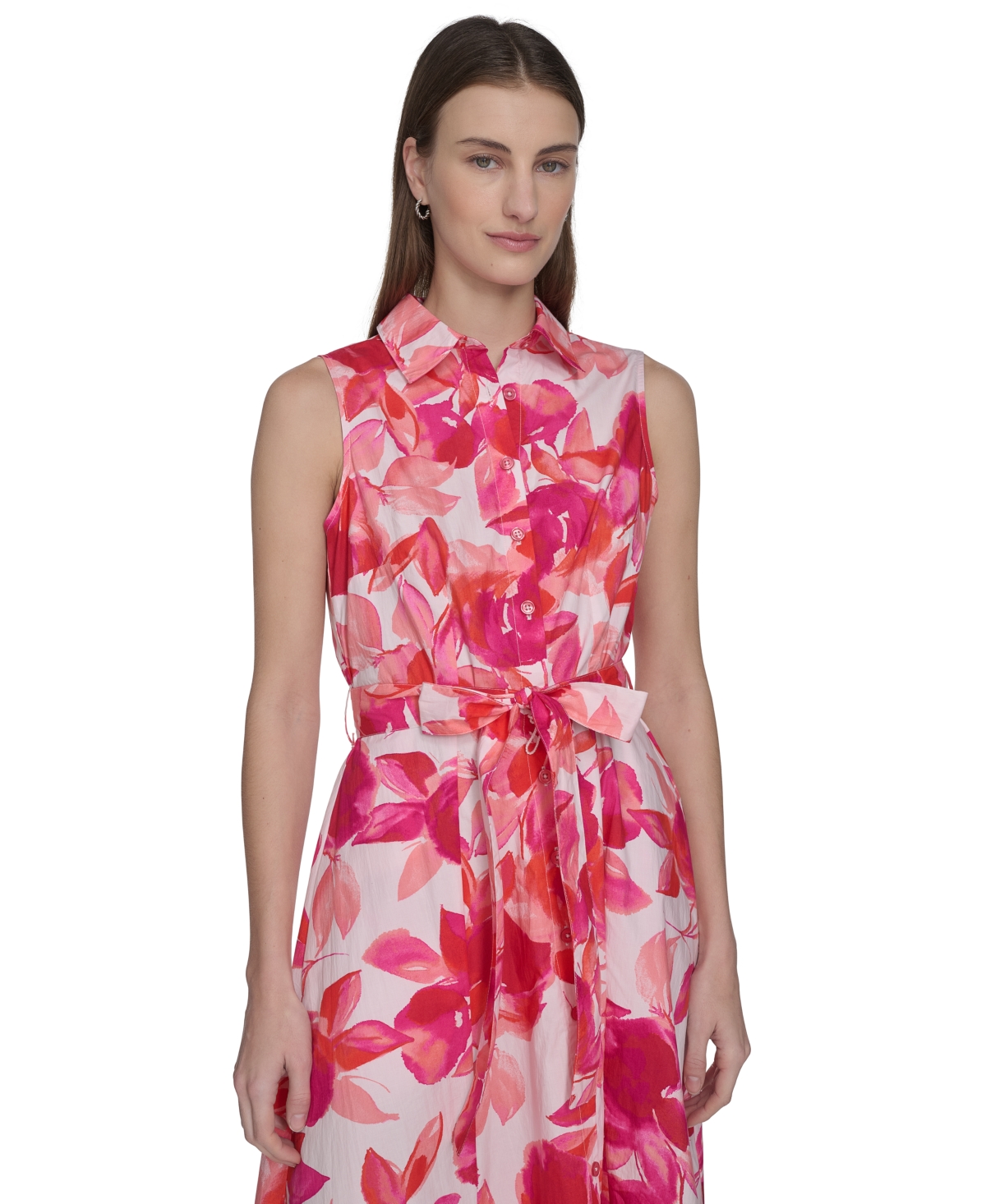 Shop Calvin Klein Women's Printed Cotton Tie-waist Shirtdress In Hibiscus Multi