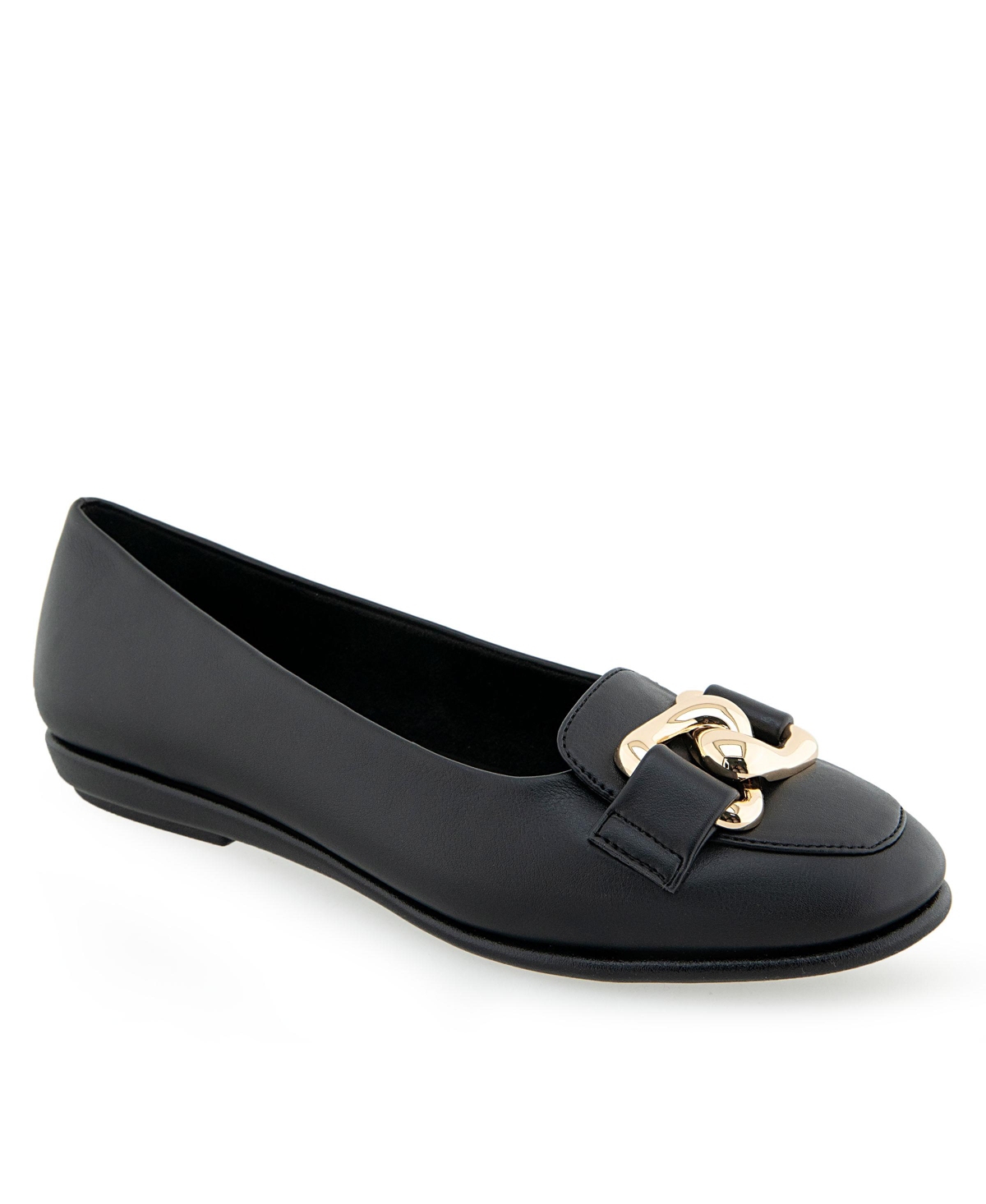 Women's Bell Buckle Ballet Flats - Black Faux Leather-Polyurethane