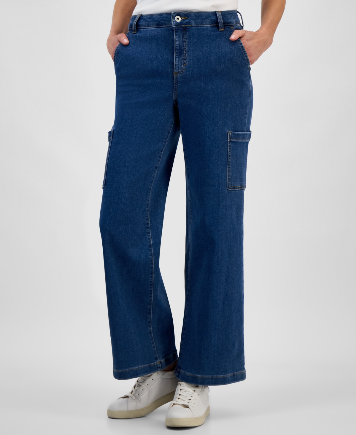 Petite High-Rise Wide-Leg Cargo Jeans, Exclusively at Macy's - Rinse