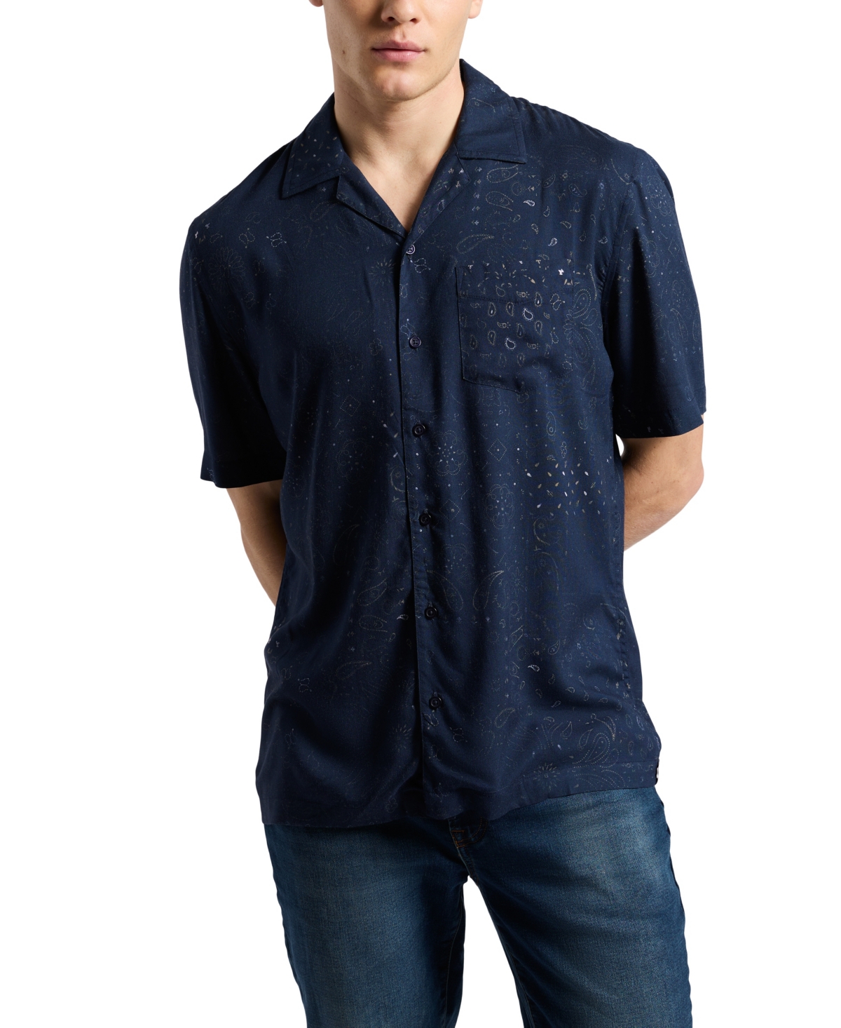 Buffalo David Bitton Men's Lightweight Short Sleeve Button Up Bandana Print Camp Shirt In Whale