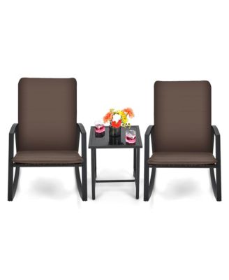 3PCS Rattan Bistro Rocking Chair Set Patio Furniture Set w/ Cushions