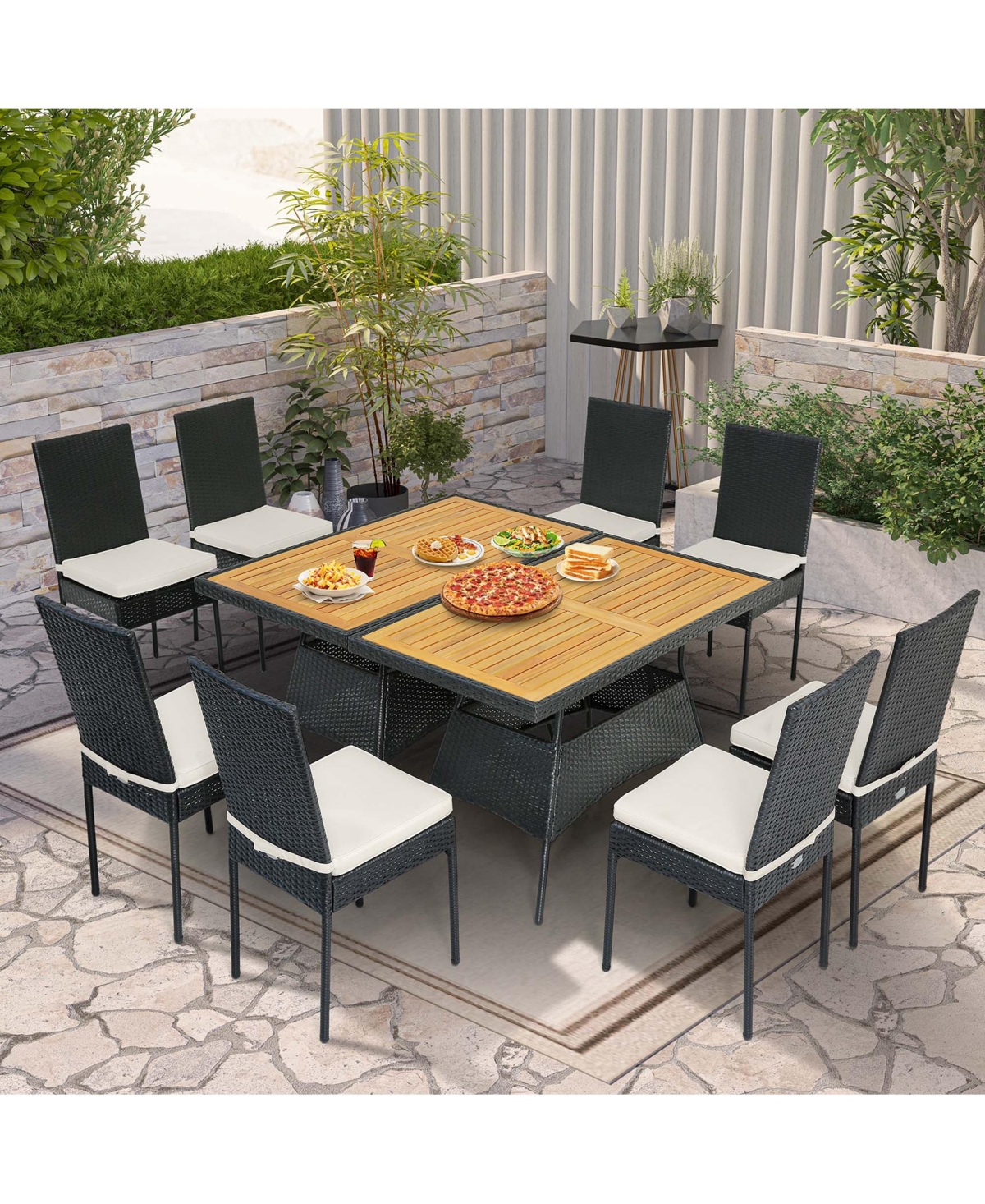 10 Pcs Patio Rattan Dining Set Rectangular Wood Top Tables Cushioned Chair Garden