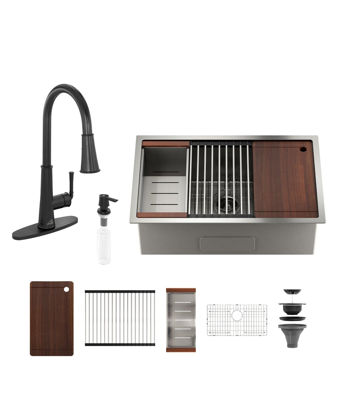 32''x 19'' Stainless Steel Kitchen Sink Faucet Sets, Kitchen Undermount Single Bowl with Cutting Board, Roller Blind, Drain Basket, Drain Grid and Dra