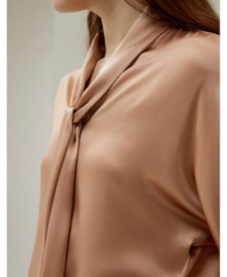 Women's Bat Sleeve Silk Top with Adjustable Neck Tie