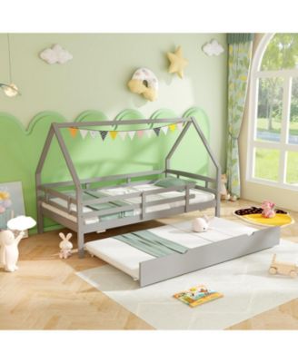 Wooden House Frame Bed with Trundle and Guard Rails for Toddlers or Kids
