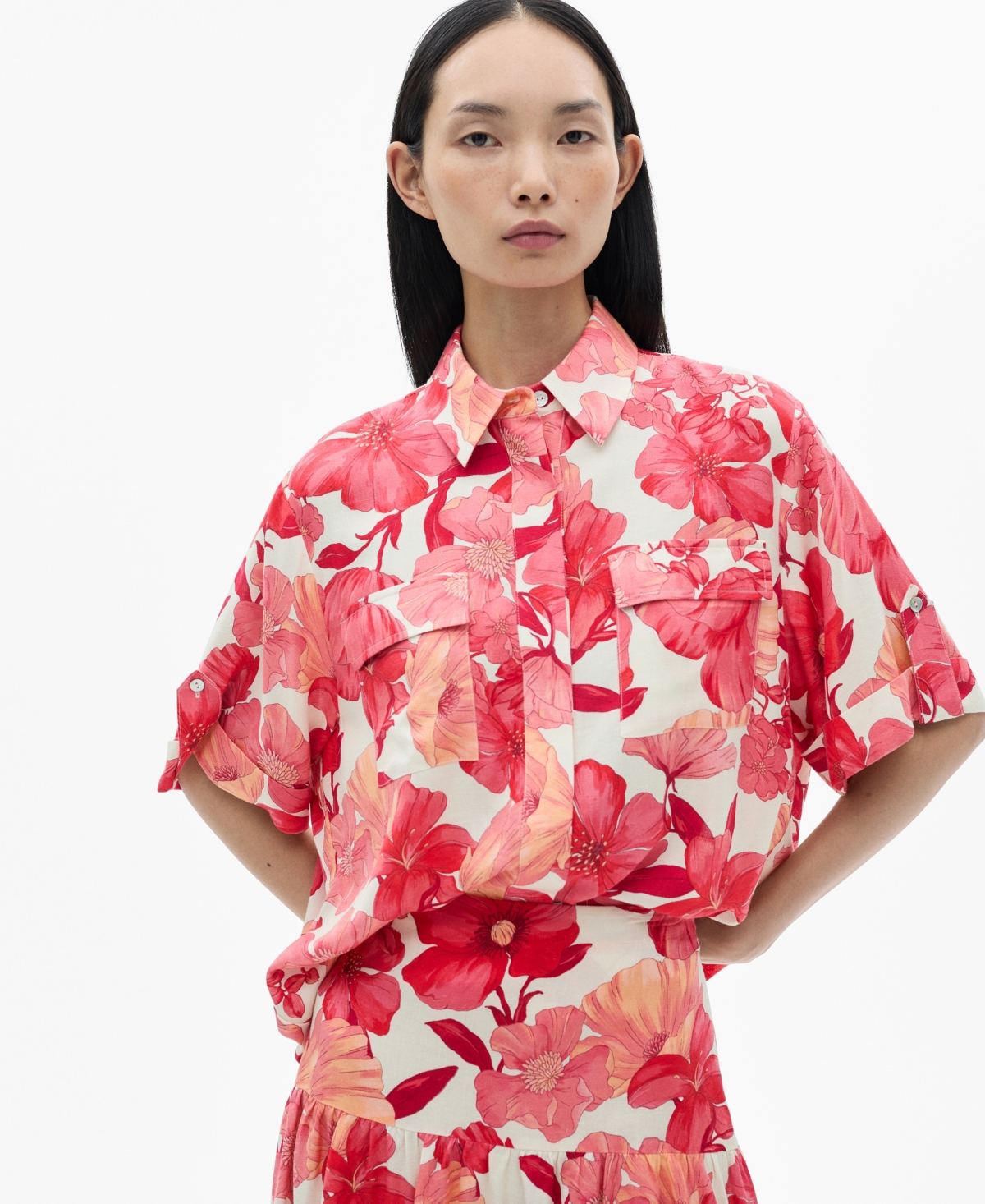 Mango Women's Floral Print Pocket Shirt In Red