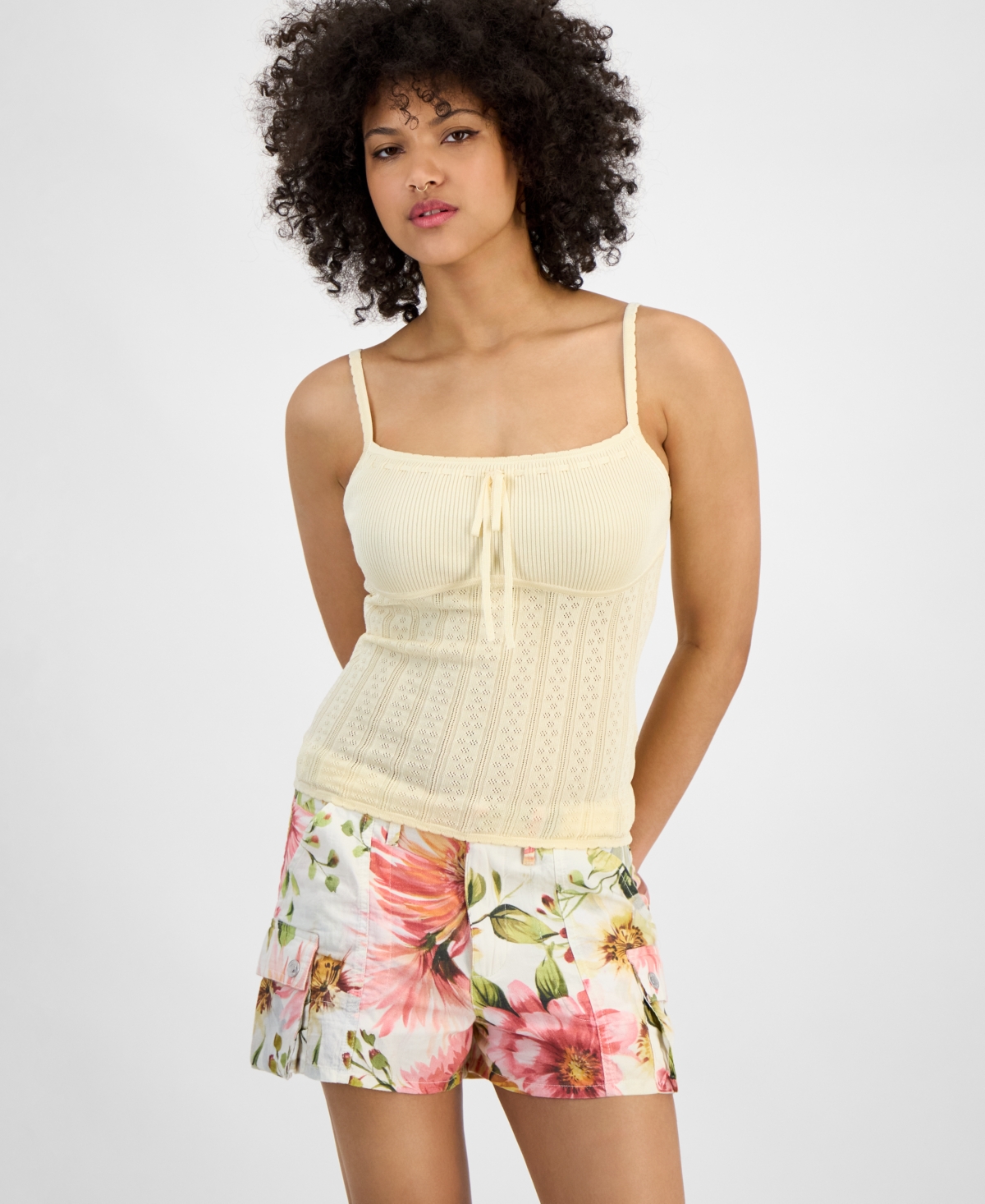 Guess Women's Reina Pointelle-kit Ribbed Sweater Camisole In Butter Icecream Multi