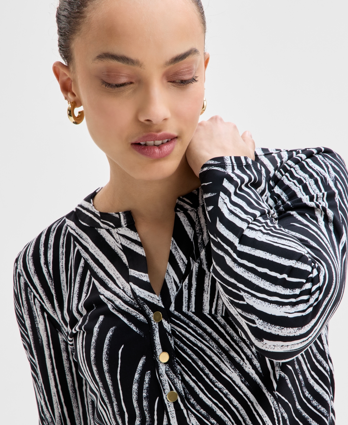 Inc International Concepts Petite Printed Button-front Top, Exclusively At Macy's In Pia Stripe