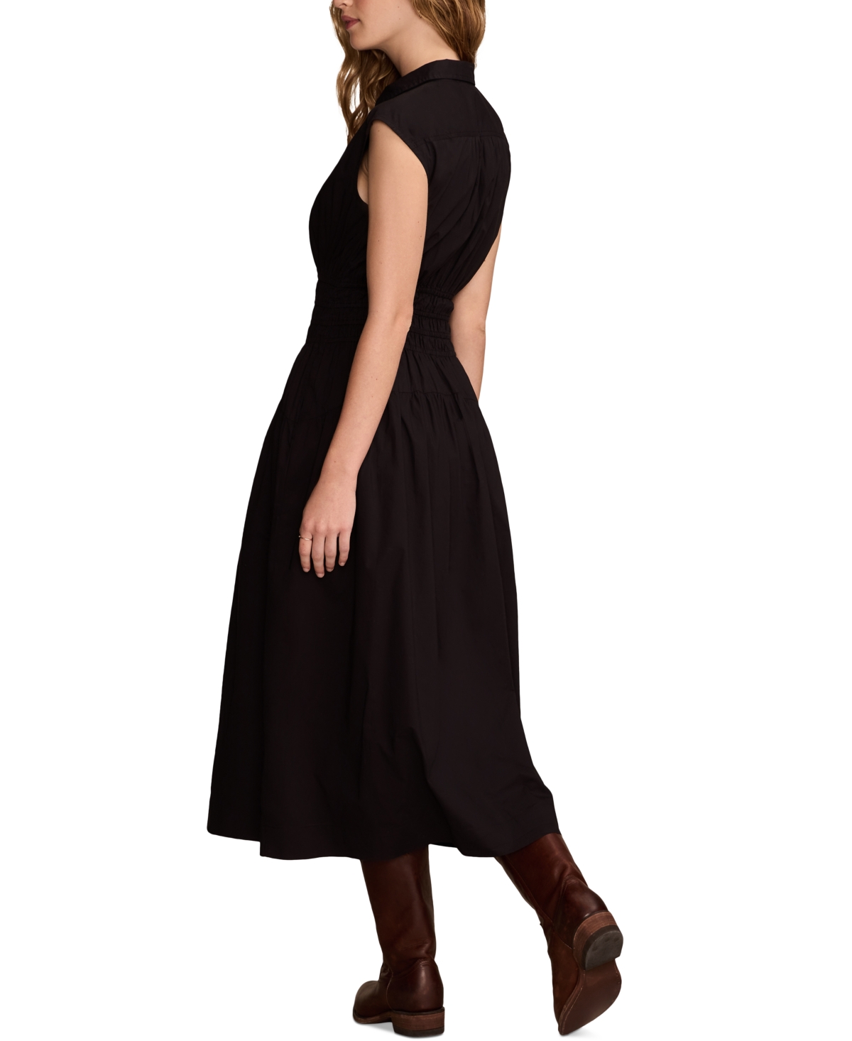 Shop Lucky Brand Women's Solid Smocked Dropped-waist Midi Dress In Caviar