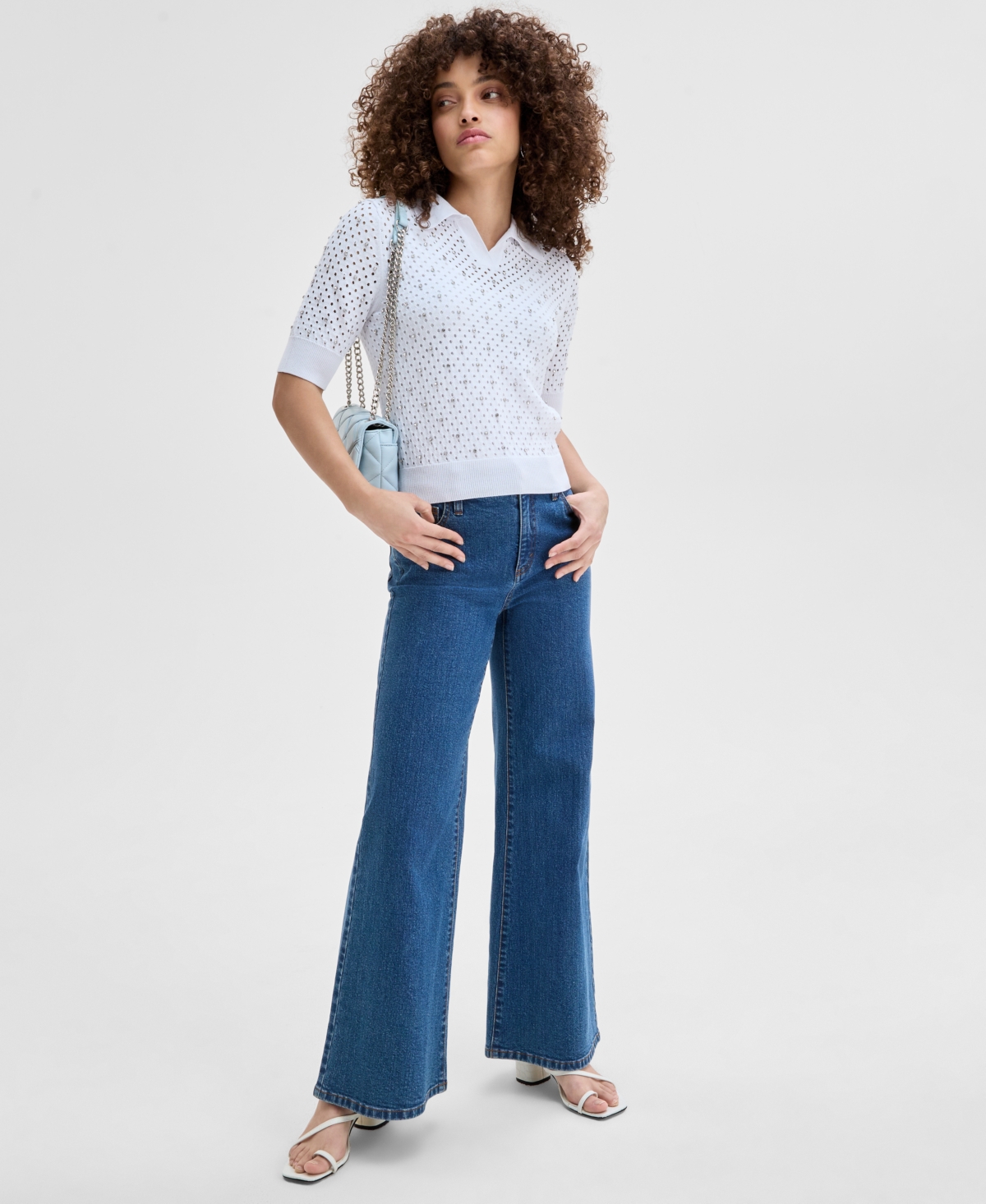 Inc International Concepts Petite Embellished Polo Sweater, Exclusively At Macy's In Bright White