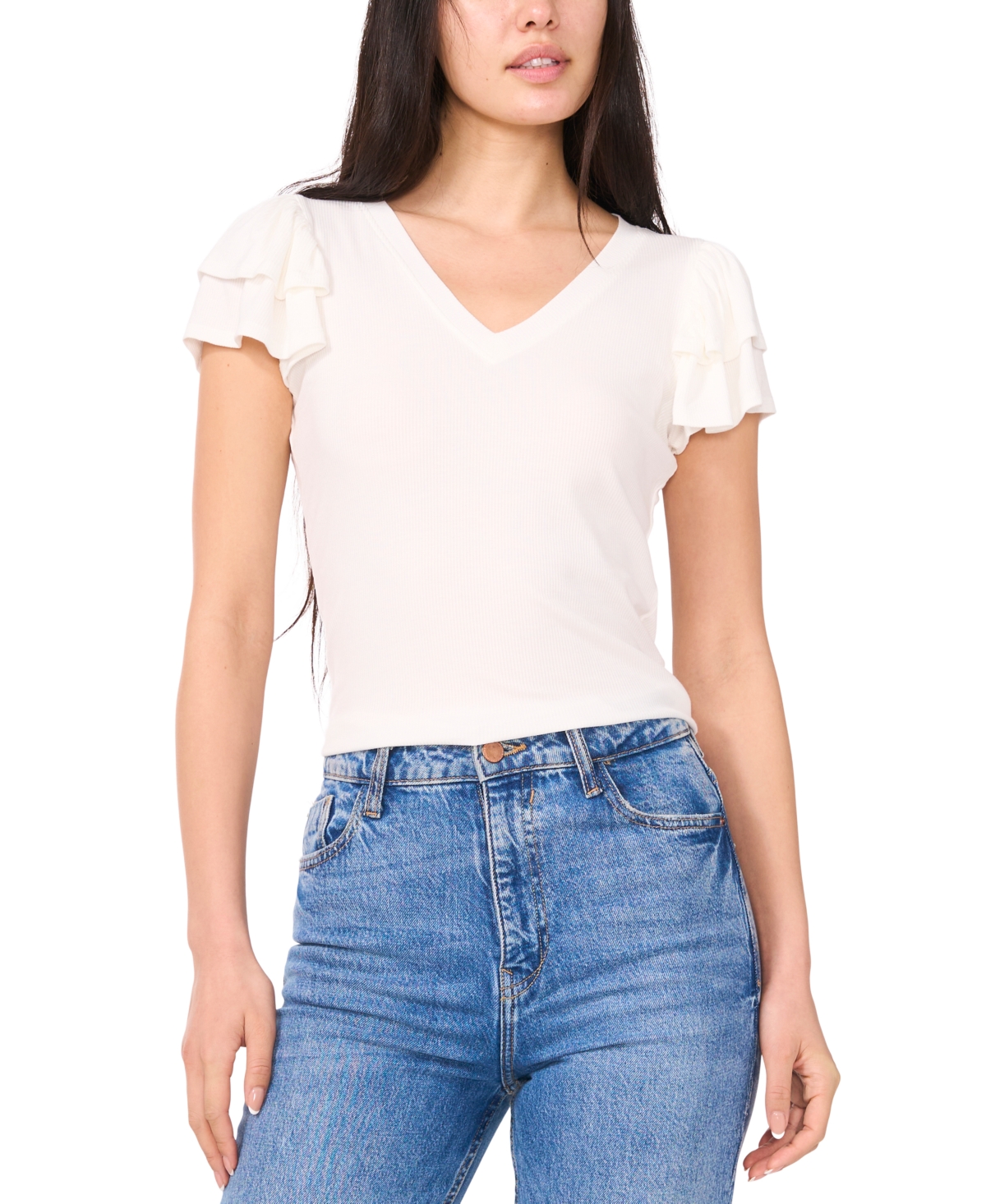 Women's V-Neck Flutter-Sleeve Rib-Knit Top - New Ivory