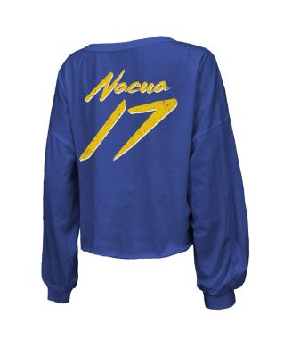 Threads Women's Puka Nacua Royal Los Angeles Rams Off-Shoulder Script Player Name Number Cropped Long Sleeve V-Neck T-Shirt