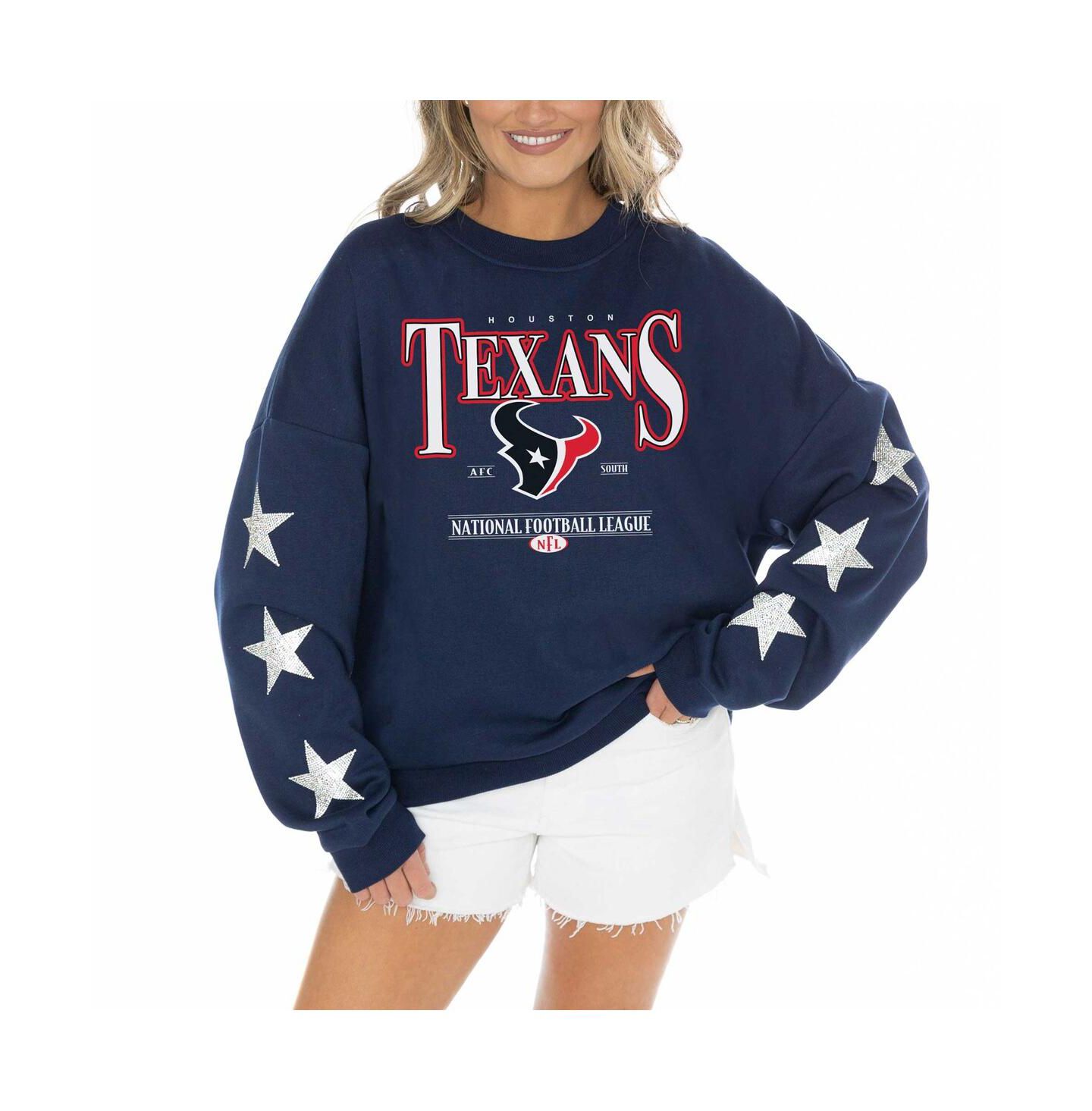 Женский свитер Gameday Couture Navy Houston Texans Rhinestone Star Sleeve Settle the Score Tri-Blend Pullover — фото 1