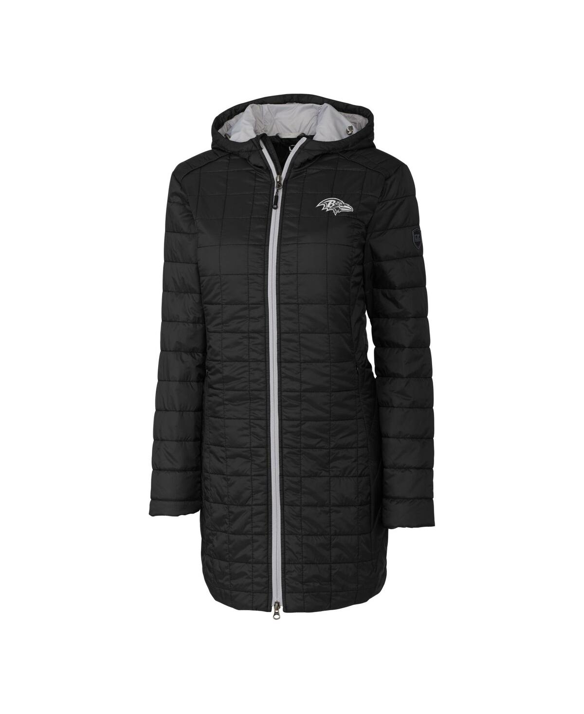 CUTTER & BUCK WOMEN'S BLACK BALTIMORE RAVENS RAINIER ECO INSULATED FULL-ZIP HOODIE LONG COAT 