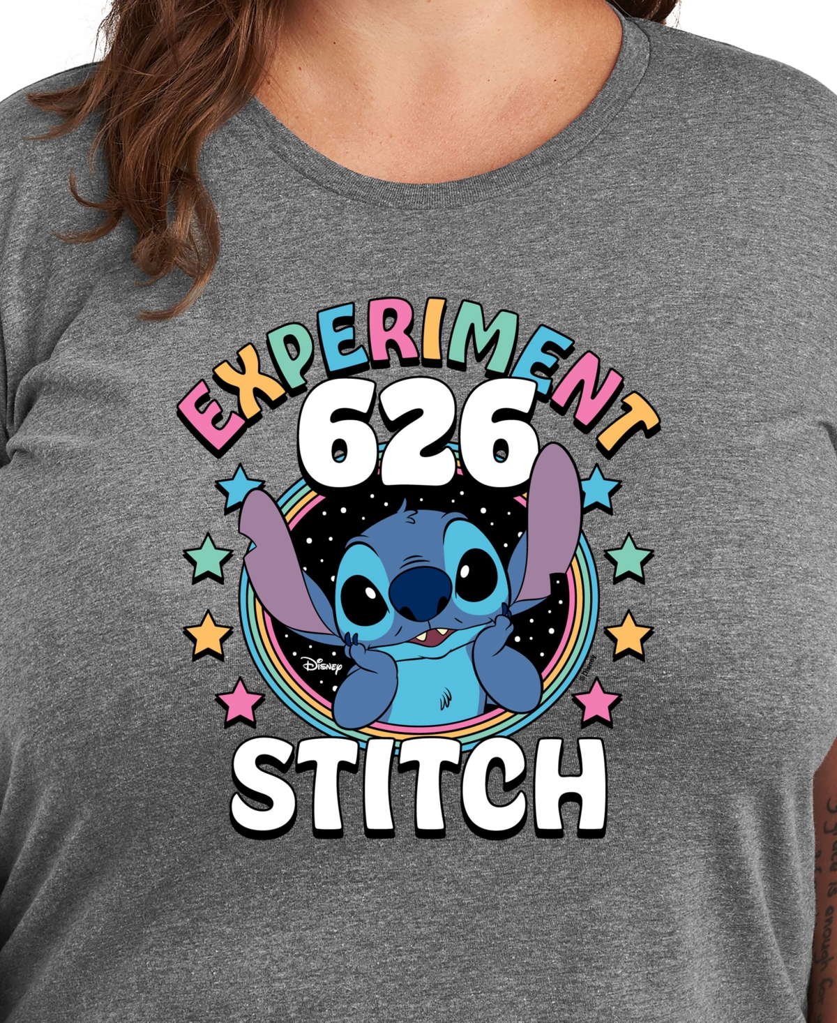 Hybrid Apparel Trendy Plus Size Lilo And Stitch Core Graphic Crew Neck T-shirt In Grey