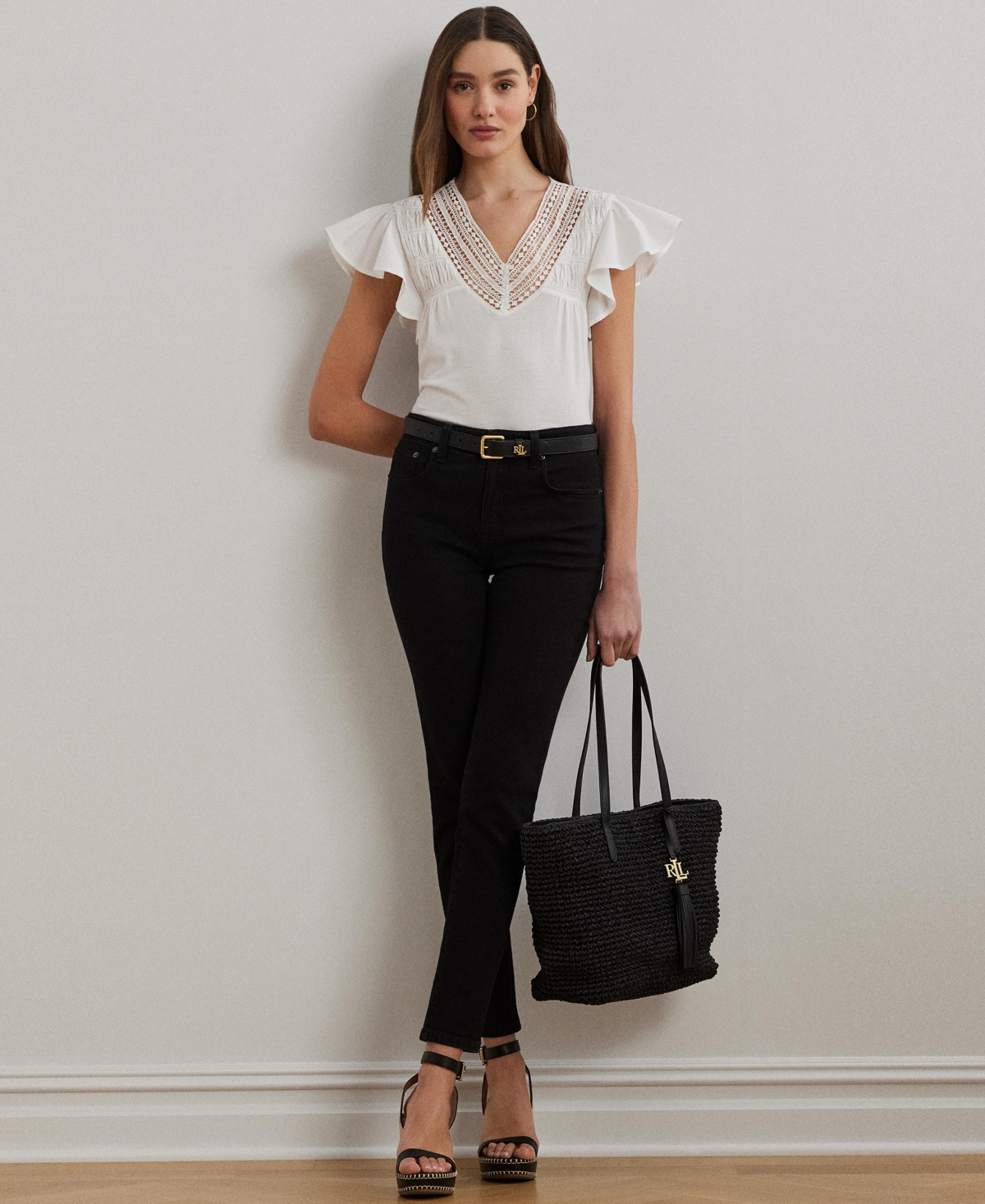 Shop Ralph Lauren Women's Lace-trim Jersey Flutter-sleeve Tee In White