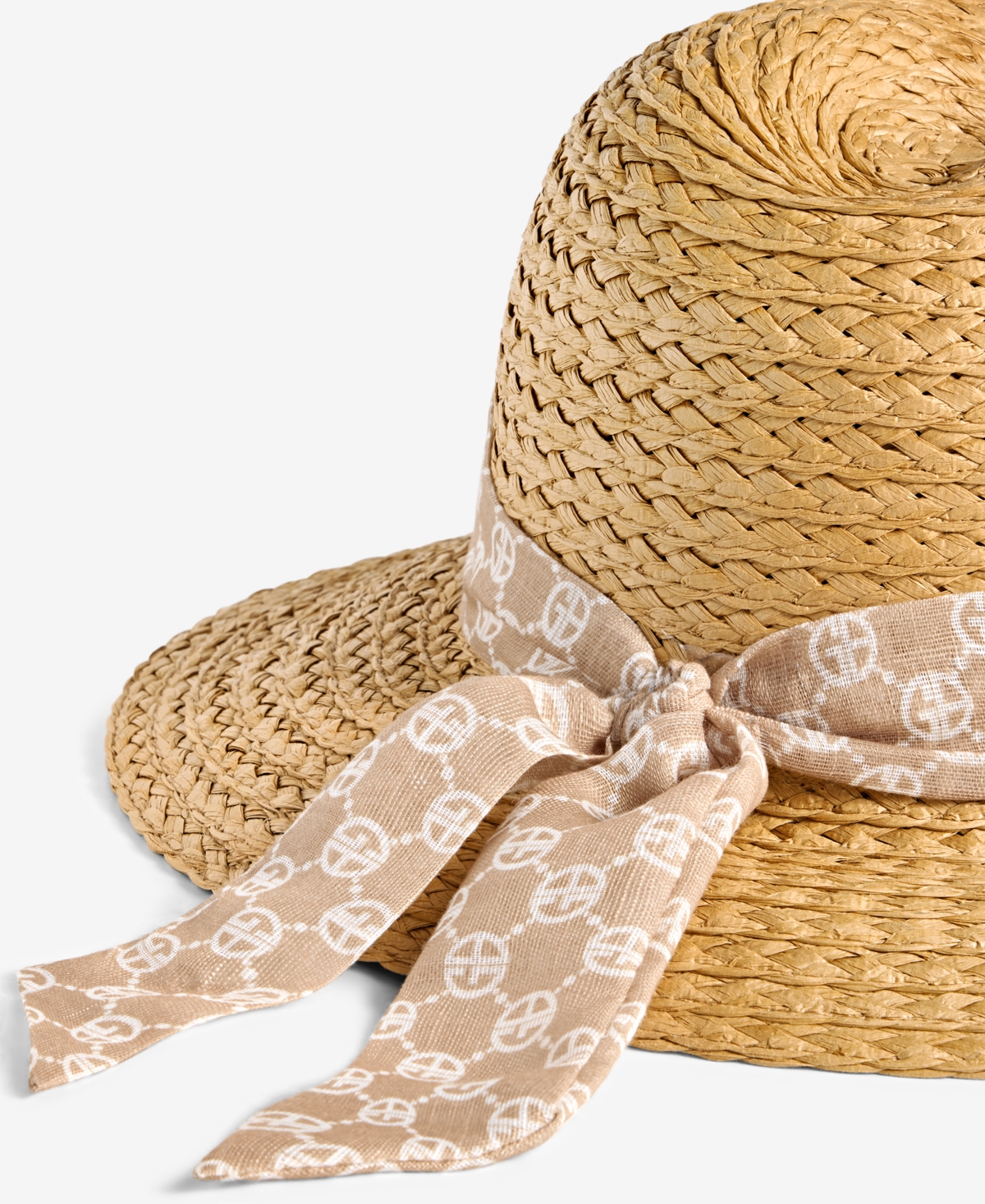 Giani Bernini Straw Panama Hat With Logo Scarf Tie, Exclusively At Macy's In Dark Beige