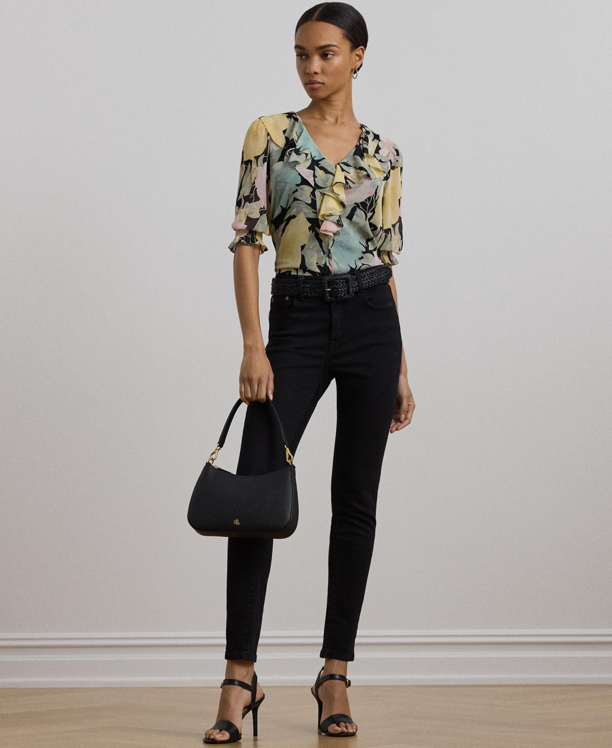 Shop Ralph Lauren Women's Floral Georgette Ruffle-trim Blouse, Regular & Petite In Black,pink,green