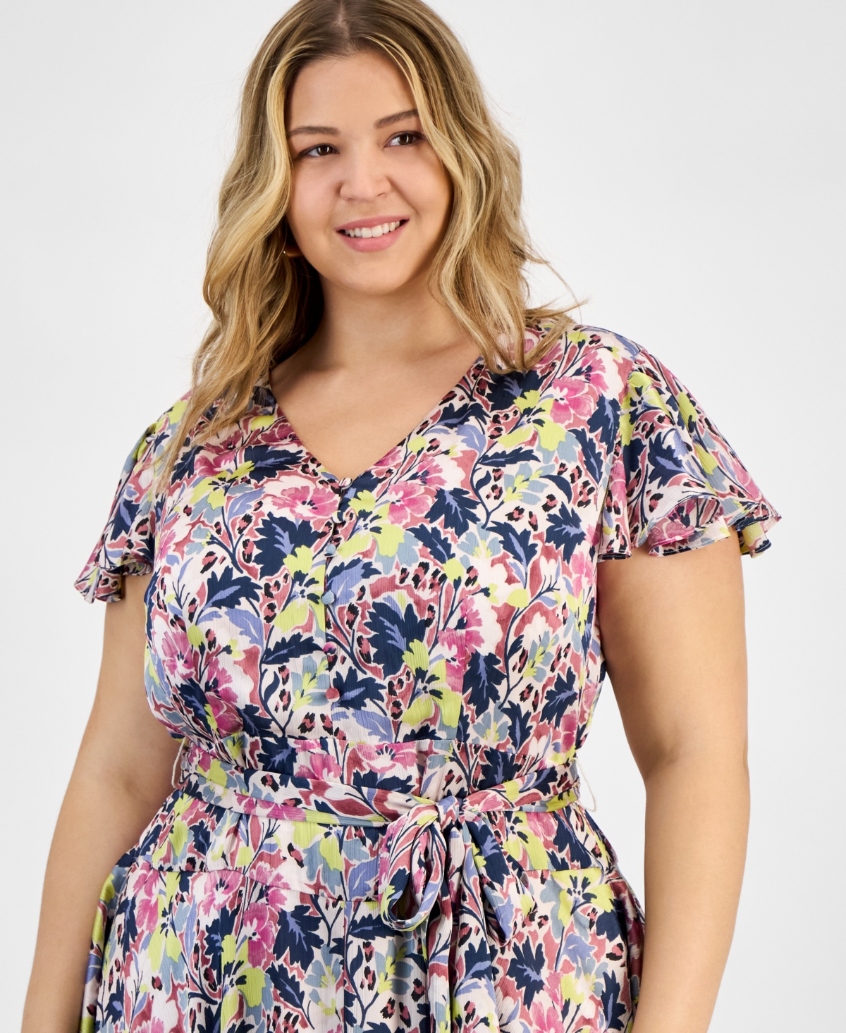 Vince Camuto Floral Flutter Sleeve Asymmetric Midi Dress In Violet Blush