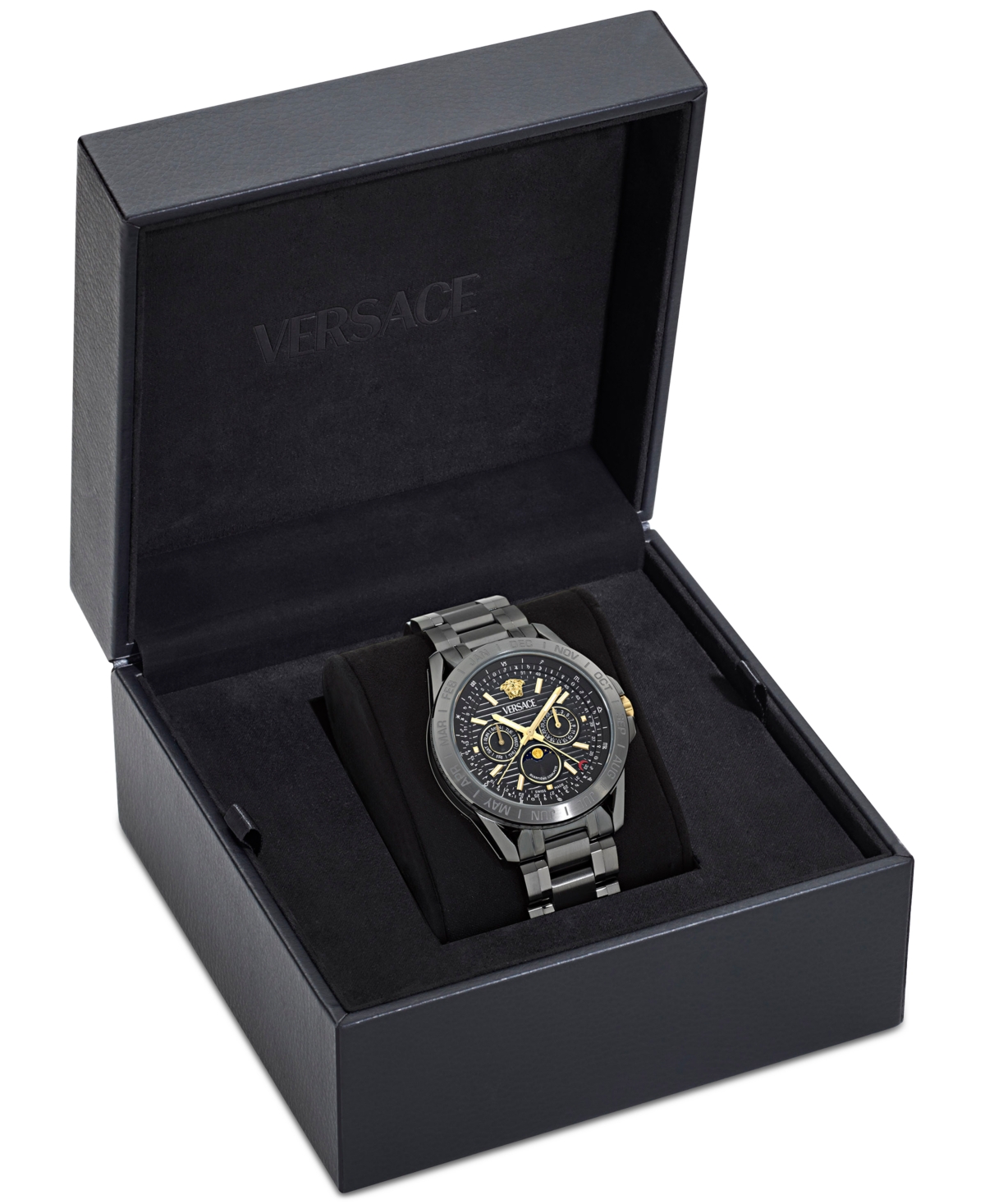 Versace Men's Swiss V-galaxy Moonphase Gunmetal Ion Plated Bracelet Watch 43mm In Gun