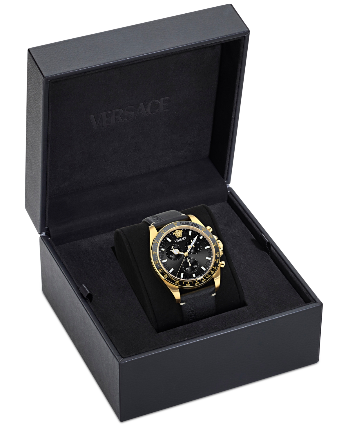 Versace Men's Swiss Chronograph Greca Wave Black Leather Strap Watch 43mm In Gold