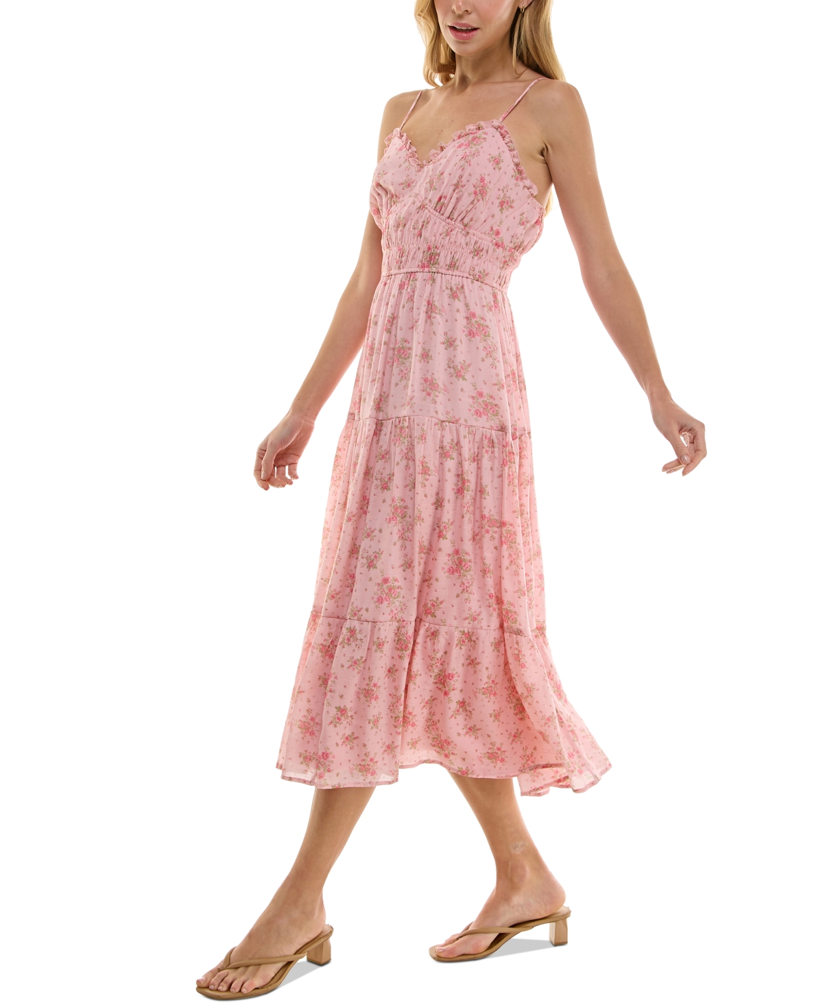 Trixxi Juniors' Floral-print Tiered Midi Dress In Pink