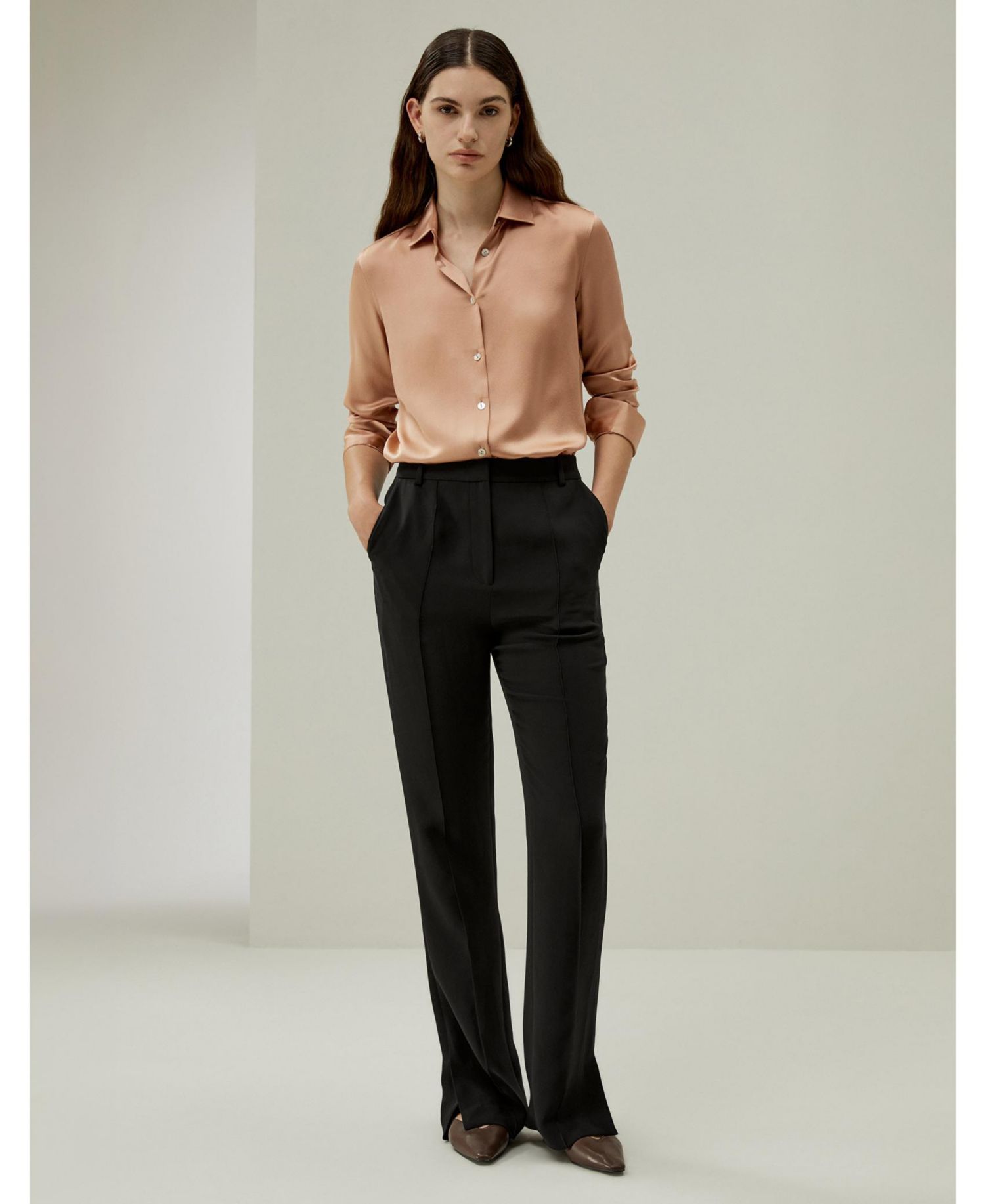 Women's Minimalist Placket Silk Blouse with Shell Buttons