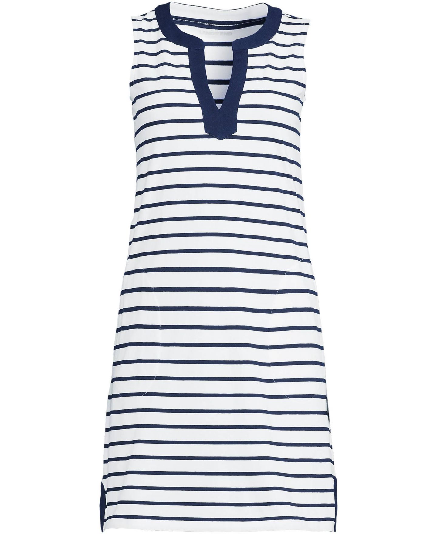 Женское платье Lands' End Plus Size Cotton Jersey Notch Neck, цвет: Тёмно-синий / Белый полосатый — фото 3