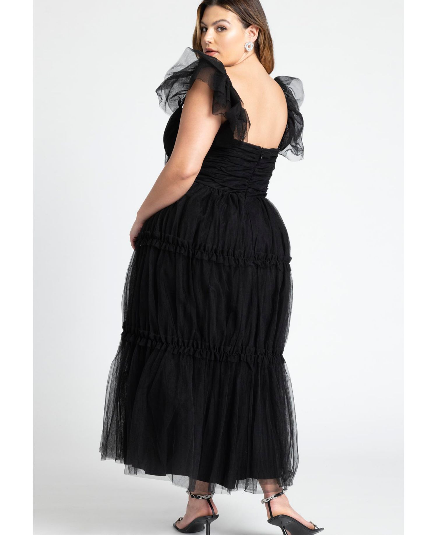 Women's Flutter-Sleeve Tulle Midi Dress