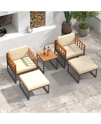 5 PCS Acacia Wood Patio Furniture Set w/ Ottomans Soft Cushions & Coffee Table