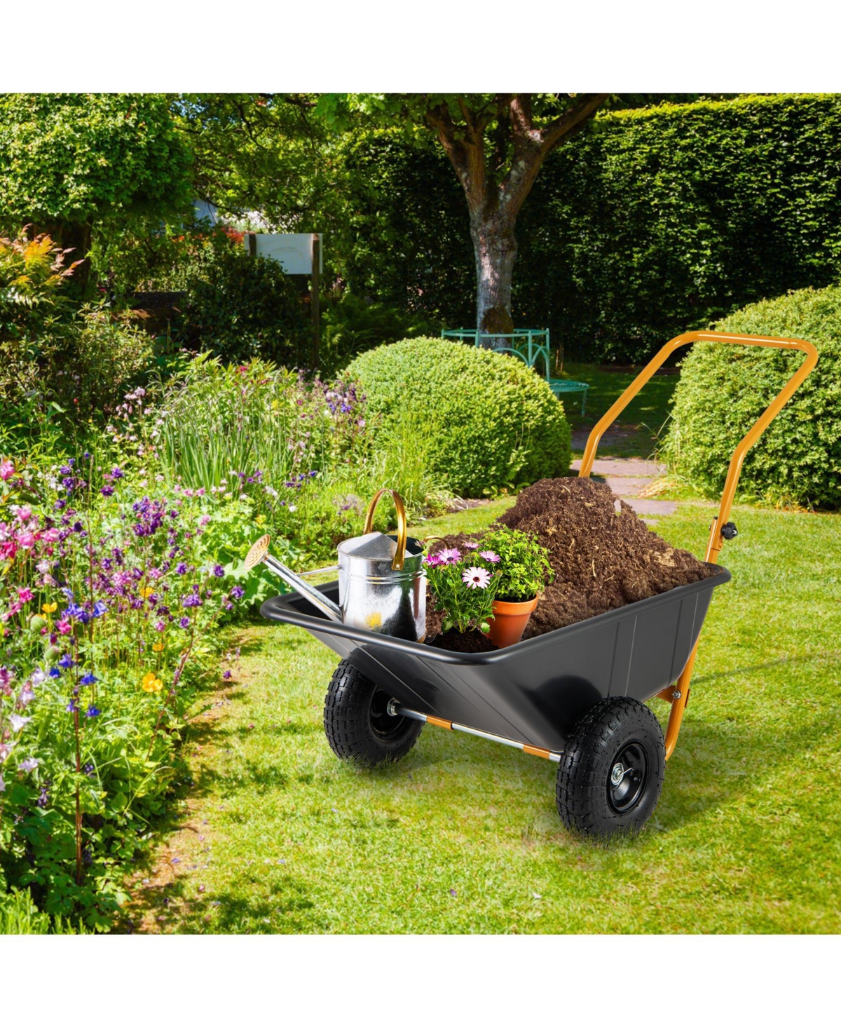 Dual-Wheel Wheelbarrow Garden Utility Cart with Pneumatic Tires for Easy Transport and Outdoor Tasks