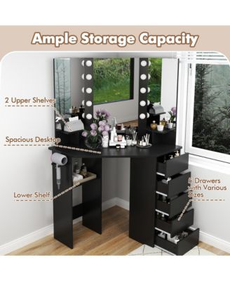Corner Vanity Desk Cosmetic Vanity Station with LED Mirror,& Power Outlets