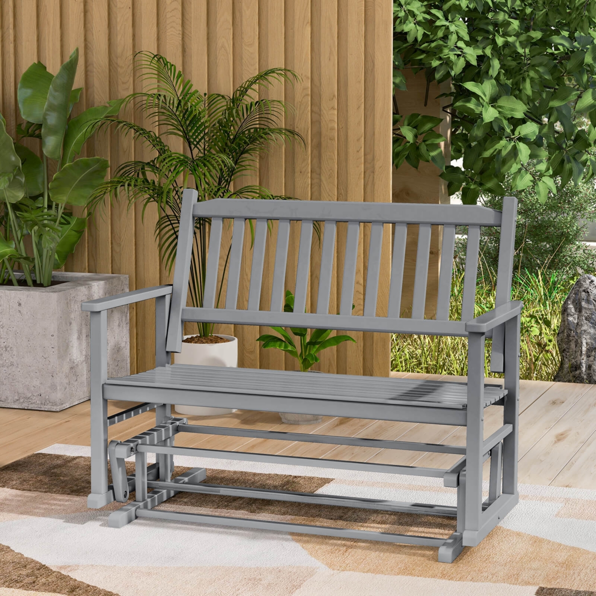 Patio Glider Loveseat Chair Swing Rocking Bench with Slatted Seat & Curved Backrest