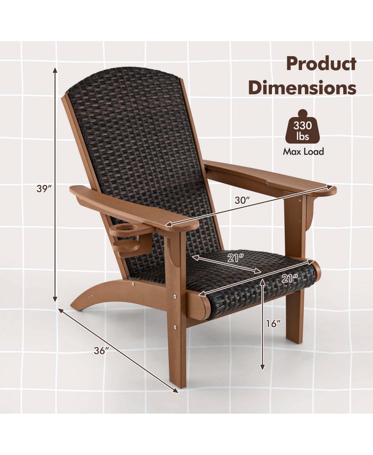 Patio Adirondack Chair with Rattan Padded Seat Wide Armrests & Hidden Cupholder