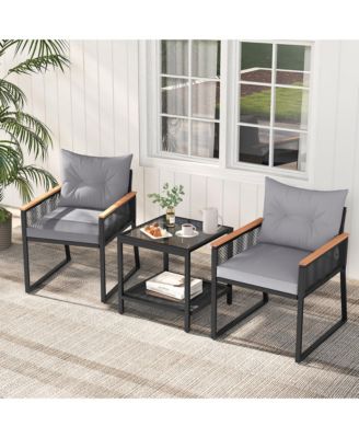 3 PCS Patio Furniture Set PE Rattan Wicker Chairs w/ 2 Tier Coffee Table Soft Back