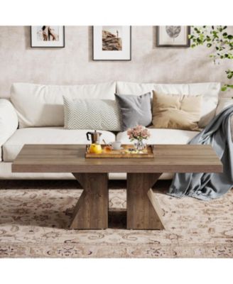 47-Inch Wood  Rectangular Center Table with Thick Wooden Base Coffee Table